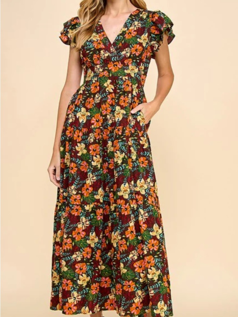 TCEC Burgundy Floral Maxi Dress with Orange & Yellow Blooms